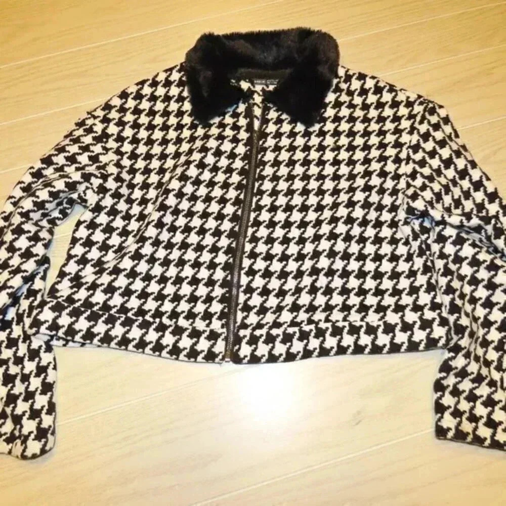 Shein women's Black White Houndstooth Zip Up Jacket Coat Size XL